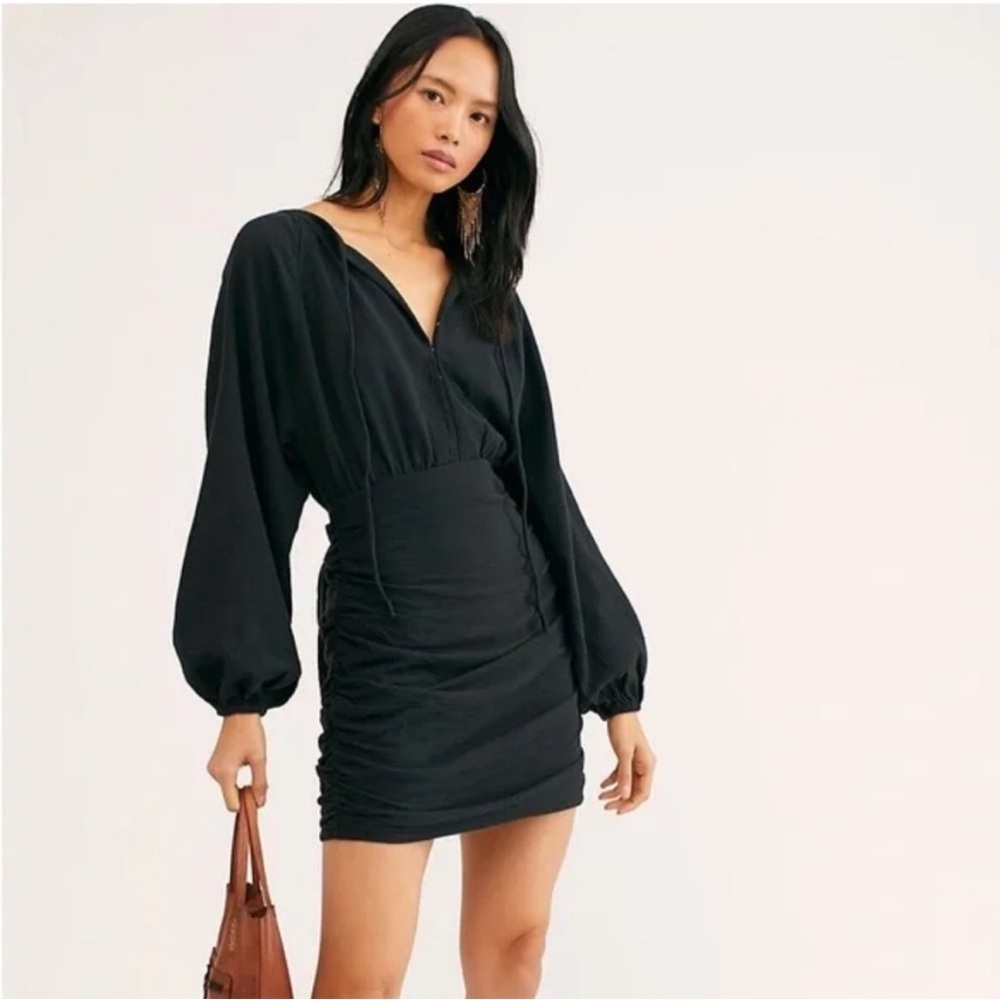 Free People the only one black mini dress long sleeve open back button details - Picture 2 of 14